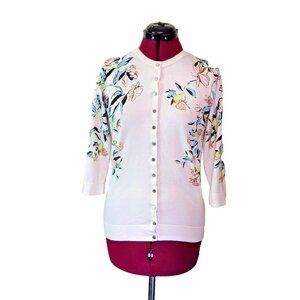 Carmen Marc Valvo Womens Floral Print Cardigan Size Medium Snap Front Multicolor